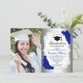 Graduierungsparty mit Foto - Silver Royal Blue Einladung (Stehend Vorderseite)