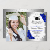 Graduierungsparty mit Foto - Silver Royal Blue Einladung (Vorne/Hinten)