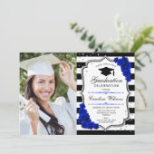 Graduierungsparty mit Foto - Silver Royal Blue Einladung (Stehend Vorderseite)