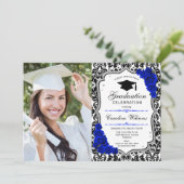 Graduierungsparty mit Foto - Silver Royal Blue Einladung (Stehend Vorderseite)