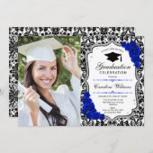 Graduierungsparty mit Foto - Silver Royal Blue Einladung (Vorne/Hinten)