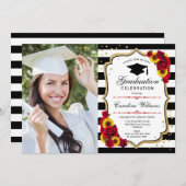 Graduierungsparty mit Foto - Sonnenblumen Rose Einladung (Vorne/Hinten)