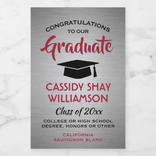 Graduierungsparty mit grauem Rot und schwarzem Min Weinetikett (Einzelnes Label)