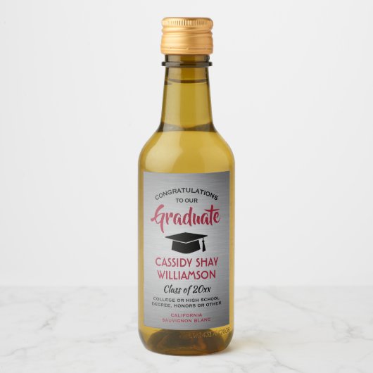 Graduierungsparty mit grauem Rot und schwarzem Min Weinetikett (Vorderseite)