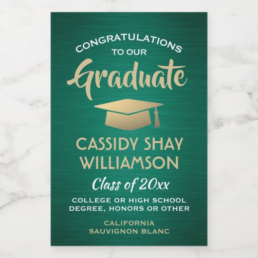 Graduierungsparty mit grünem Gold und weißem Mini Weinetikett (Einzelnes Label)