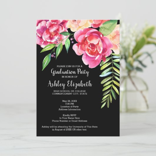 Graduierungsparty Moderne Aquarellblume & Dot Einladung (Stehend Vorderseite)