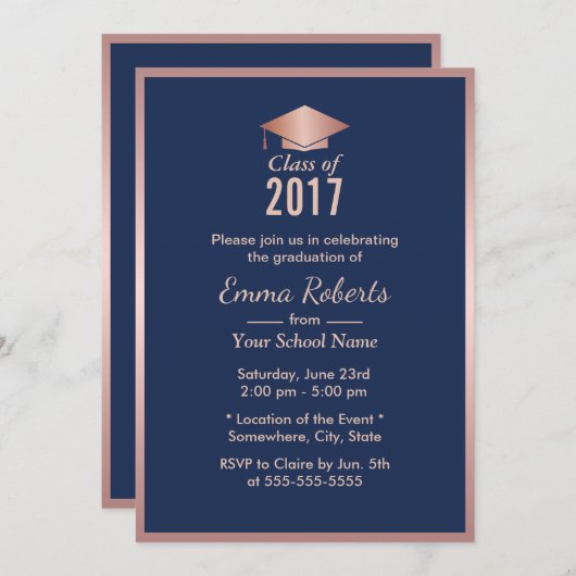Graduierungsparty Moderne Rose Gold & Navy Blue Einladung (Vorne/Hinten)