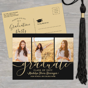 Graduierungsparty Modernes Black and Gold 3 Foto Einladungspostkarte