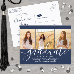 Graduierungsparty Modernes Navy Blue & White 3 Fot Einladungspostkarte
