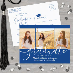 Graduierungsparty Modernes Royal Blue & White 3 Fo Einladungspostkarte