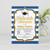 Graduierungsparty - Navy Blue Gold White Einladung (Stehend Vorderseite)