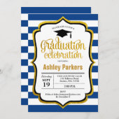 Graduierungsparty - Navy Blue Gold White Einladung (Vorne/Hinten)