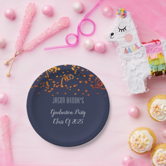 Graduierungsparty Orange Gold Confetti auf schwarz Pappteller (Party)