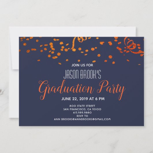 Graduierungsparty Orange Gold Confetti Black Einladung (Vorderseite)