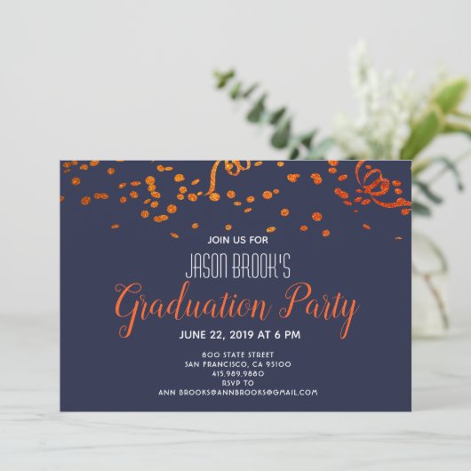 Graduierungsparty Orange Gold Confetti Black Einladung (Stehend Vorderseite)