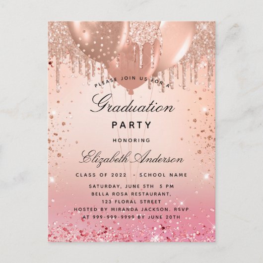 Graduierungsparty Rosa Goldballons Einladungspostkarte (Vorderseite)