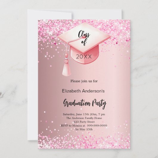 Graduierungsparty rosa Konfetti Mädchen Einladung (Vorderseite)