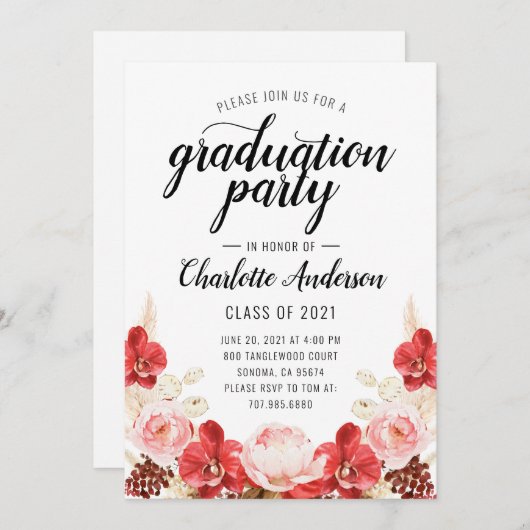 Graduierungsparty Rosa Rosa Aquarellfarben Einladung (Vorne/Hinten)