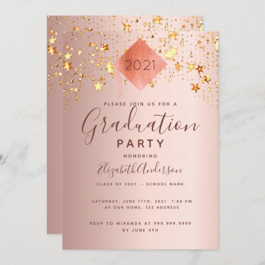 Graduierungsparty Rose Gold Topper Stars Einladung (Vorne/Hinten)