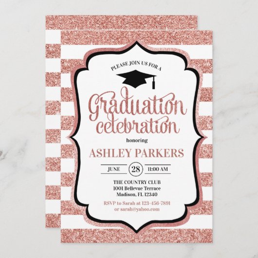 Graduierungsparty - Rose Gold White Einladung (Vorne/Hinten)