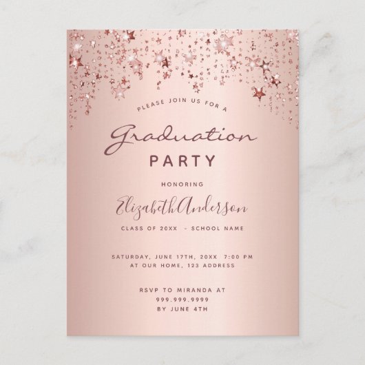 Graduierungsparty Rose Goldstars Einladung Postkarte (Vorderseite)