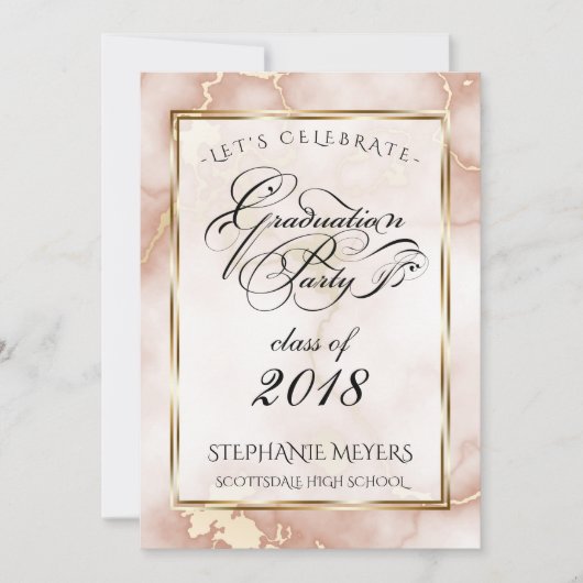Graduierungsparty-Rose und Gold-Marmor Einladung (Vorderseite)