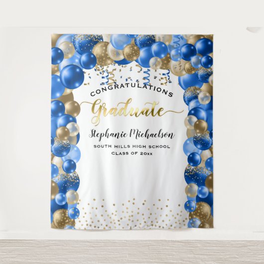 Graduierungsparty Royal Blue Gold Balloons Streame Wandteppich (Vorderseite)