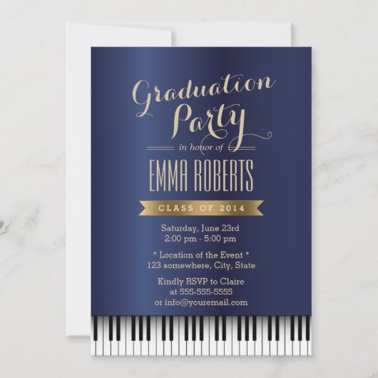Graduierungsparty Royal Blue Piano Musik Einladung (Vorderseite)
