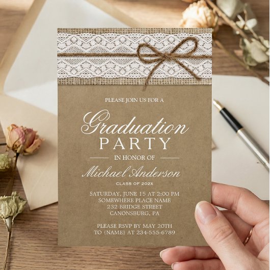 Graduierungsparty Rustic Burlap String Bow Spitze Einladung