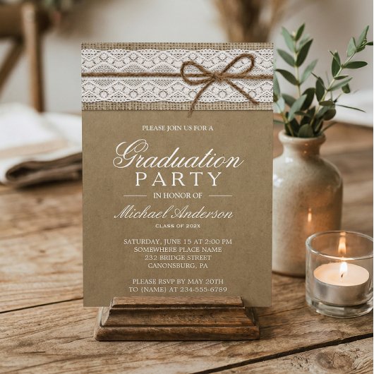 Graduierungsparty Rustic Burlap String Bow Spitze Einladung