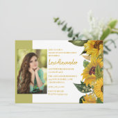Graduierungsparty Rustikale Sonnenblumen Foto Girl Einladung (Stehend Vorderseite)