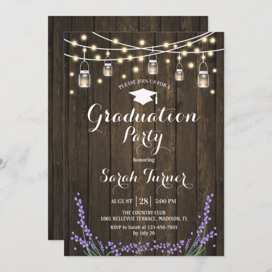 Graduierungsparty - Rustikaler Holzlavender Einladung (Vorne/Hinten)