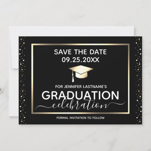 Graduierungsparty Save the Date Black and Gold Einladung (Vorderseite)
