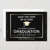 Graduierungsparty Save the Date Black and Gold Einladung (Vorne/Hinten)