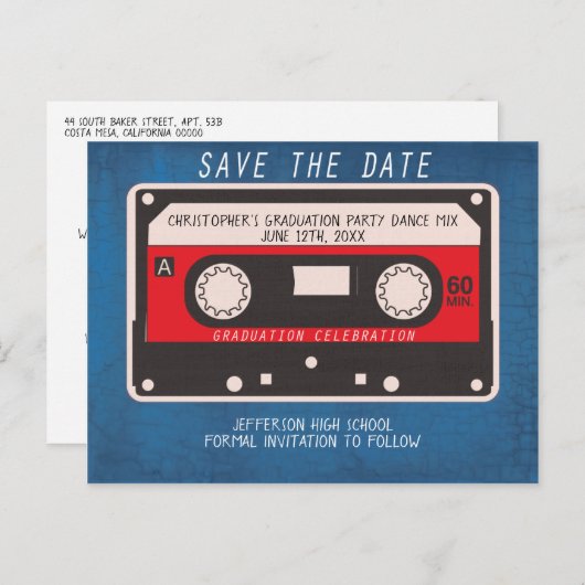 Graduierungsparty Save the Date Retro Tape Song Ankündigungspostkarte (Vorne/Hinten)