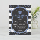 Graduierungsparty Schwarz-Blau-Glitzer Einladung (Stehend Vorderseite)