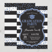 Graduierungsparty Schwarz-Blau-Glitzer Einladung (Vorne/Hinten)