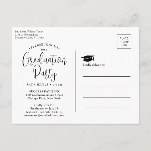 Graduierungsparty Schwarz-Weiß-Script-3-Foto Einladungspostkarte (Rückseite)