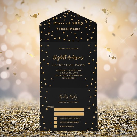 Graduierungsparty schwarze goldene Sterne Party UA All In One Einladung