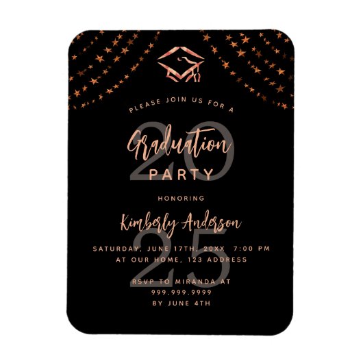 Graduierungsparty Schwarze Rose Goldene Sterne Ein Magnet (Vertikal)