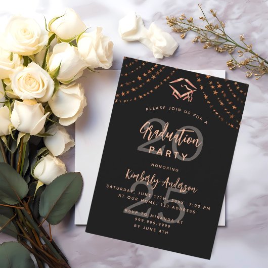 Graduierungsparty Schwarze Rose Goldstars Jahr Einladung