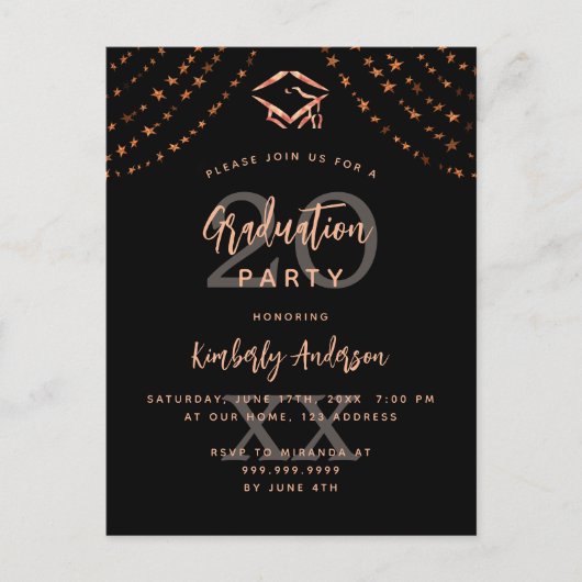 Graduierungsparty Schwarze Rose Goldstars Jahr Einladungspostkarte (Vorderseite)