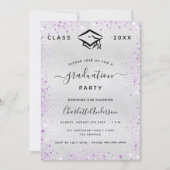 Graduierungsparty Silberviolett Glitzer Einladung (Vorderseite)