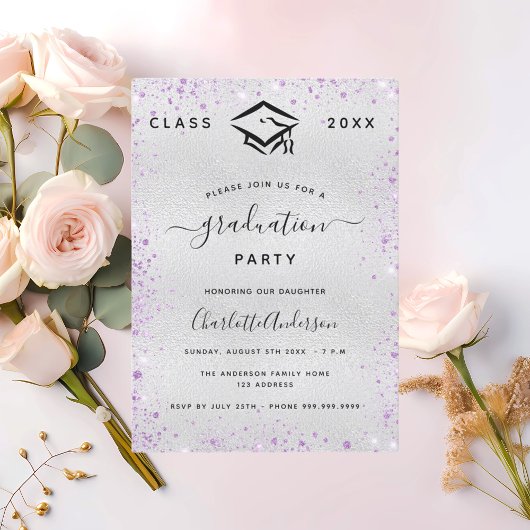 Graduierungsparty Silberviolett Glitzer Einladung