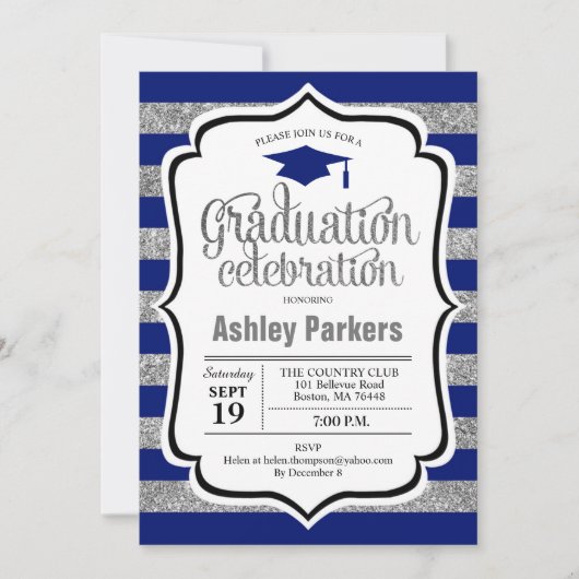 Graduierungsparty - Silver Navy Blue Stripes Einladung (Vorderseite)