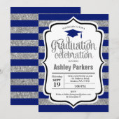 Graduierungsparty - Silver Navy Blue Stripes Einladung (Vorne/Hinten)