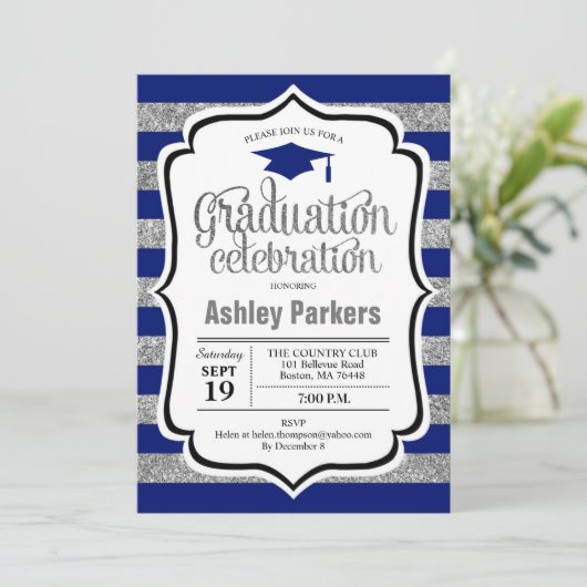 Graduierungsparty - Silver Navy Blue Stripes Einladung (Stehend Vorderseite)