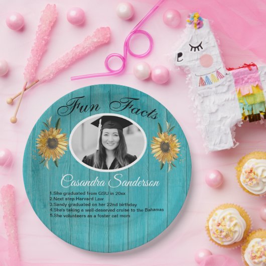 Graduierungsparty Spaß Fakten Sonnenblumen Aquamar Pappteller (Party)