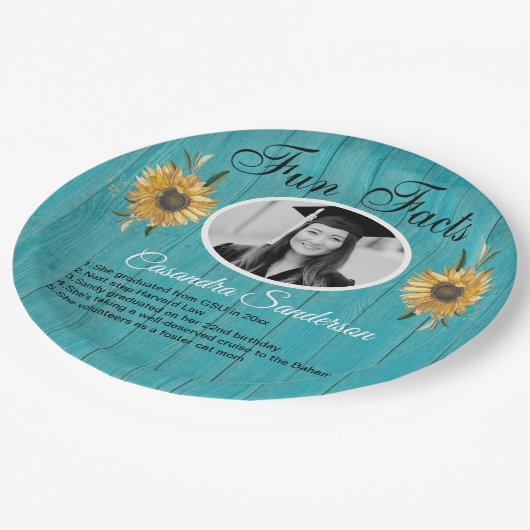 Graduierungsparty Spaß Fakten Sonnenblumen Aquamar Pappteller (Schrägansicht)