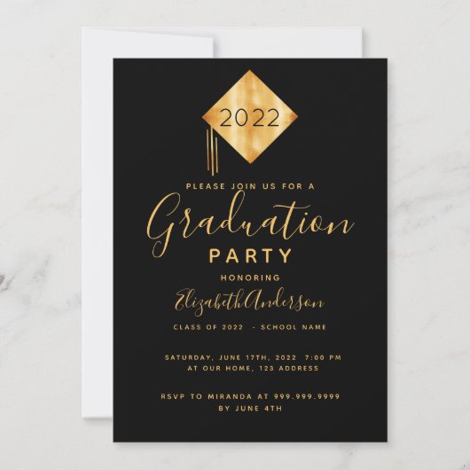 Graduierungsparty Topper Black Gold Einladung (Vorderseite)